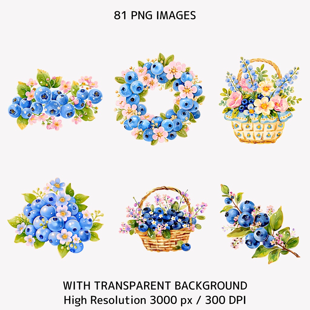 ブルーベリー1歳バースデー クリップアート81点セット【透過PNG・商用利用可】
