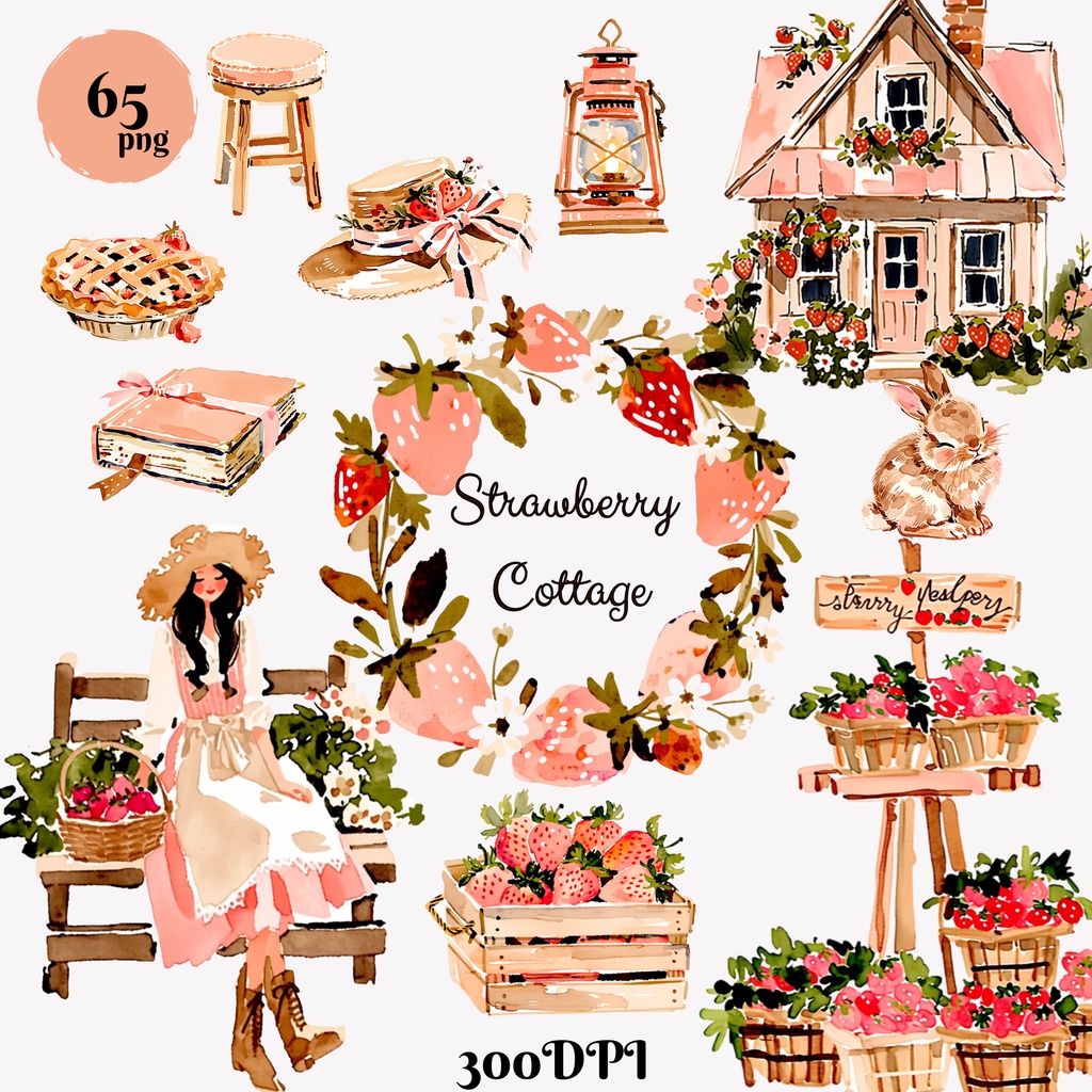 Strawberry Cottage 水彩クリップアート