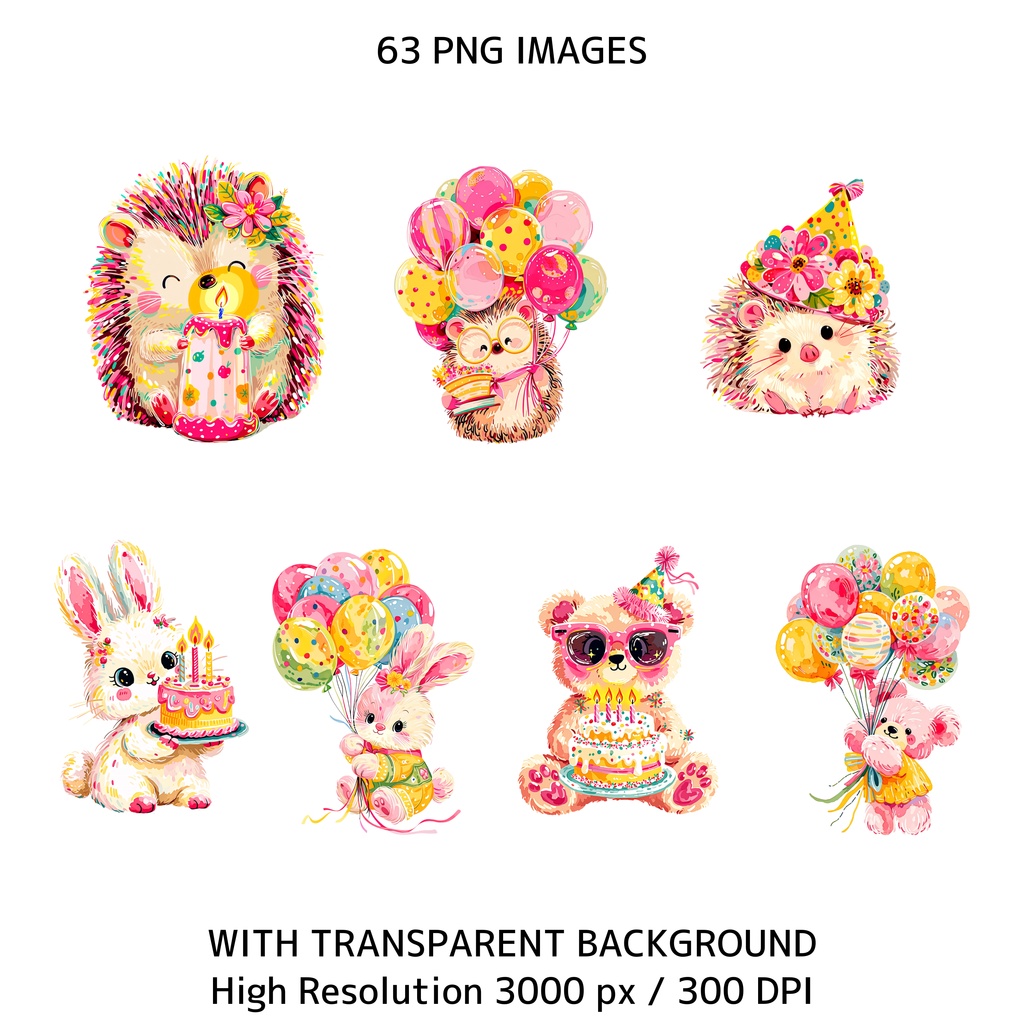 Birthday Party Animals Clipart(63点)かわいい動物バースデー素材 PNG