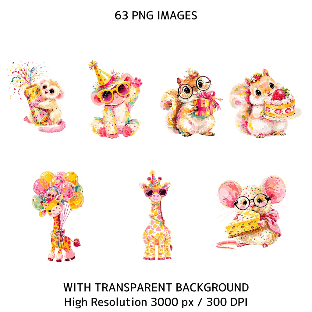 Birthday Party Animals Clipart(63点)かわいい動物バースデー素材 PNG