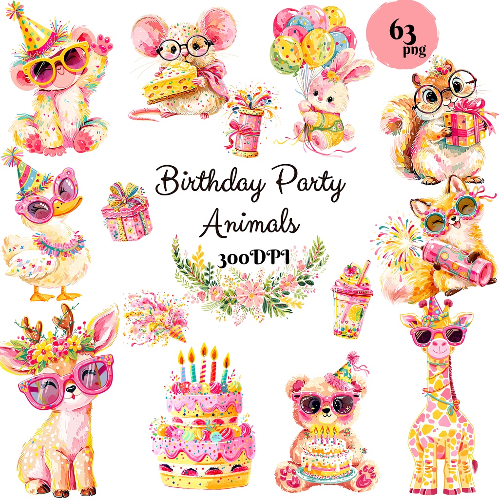 Birthday Party Animals Clipart(63点)かわいい動物バースデー素材 PNG