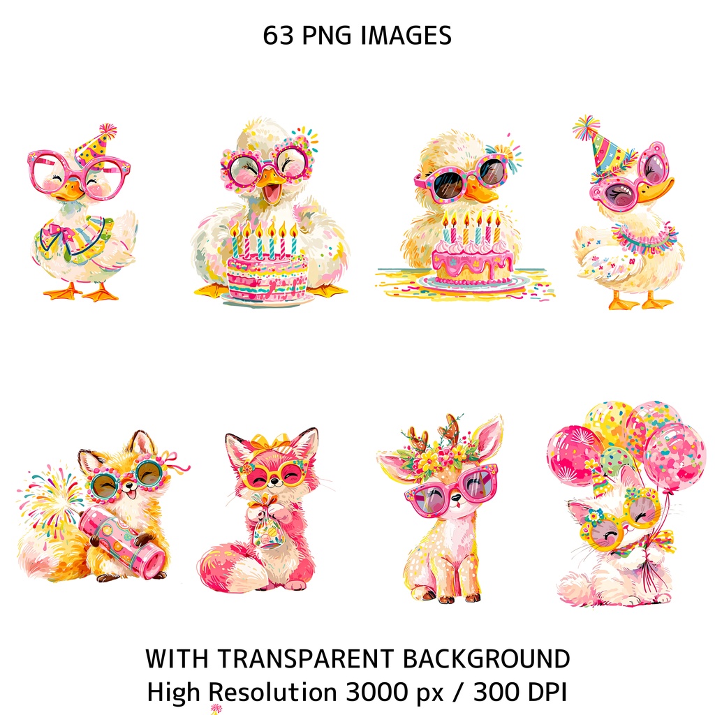 Birthday Party Animals Clipart(63点)かわいい動物バースデー素材 PNG