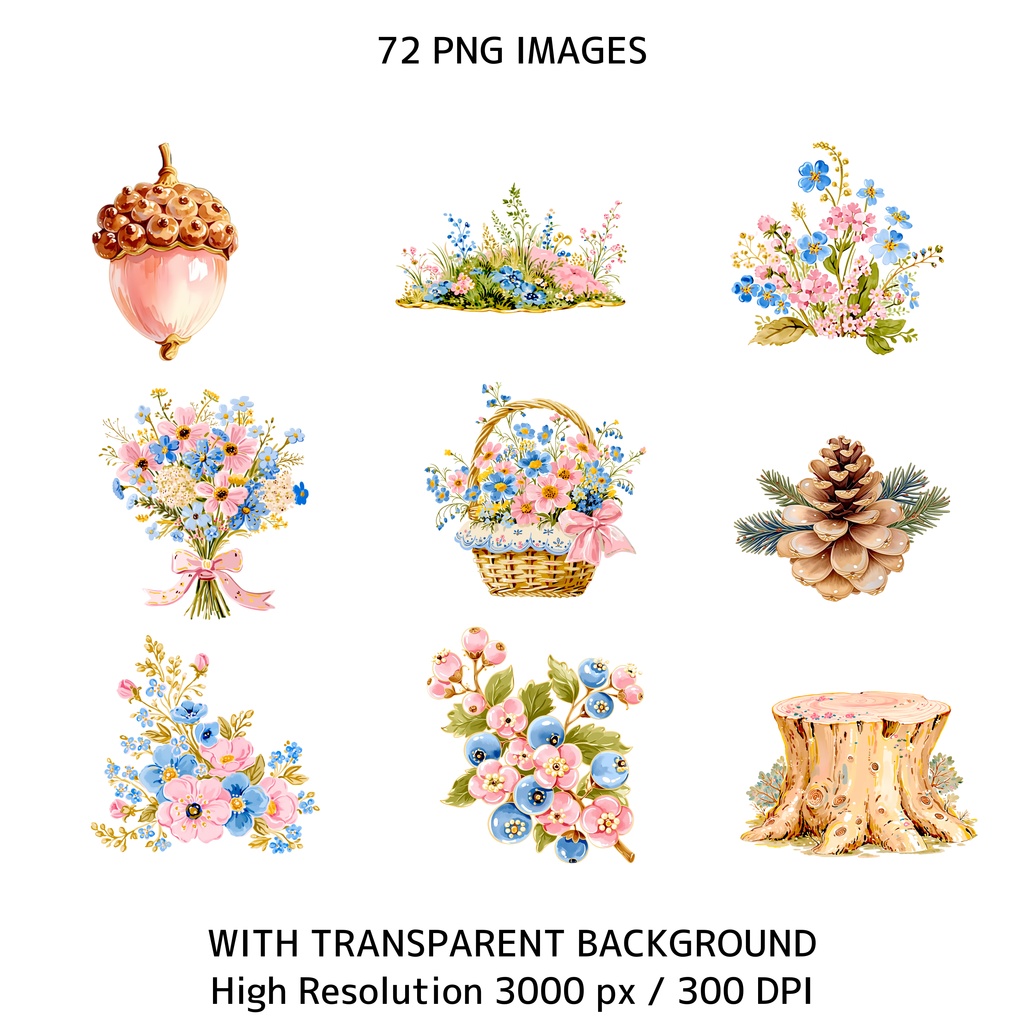 魔法の森クリップアート素材集|パステル動物&妖精PNGセット