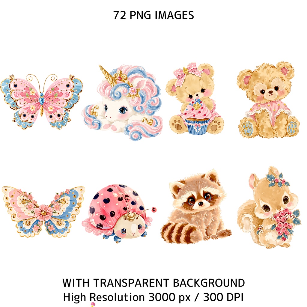 魔法の森クリップアート素材集|パステル動物&妖精PNGセット