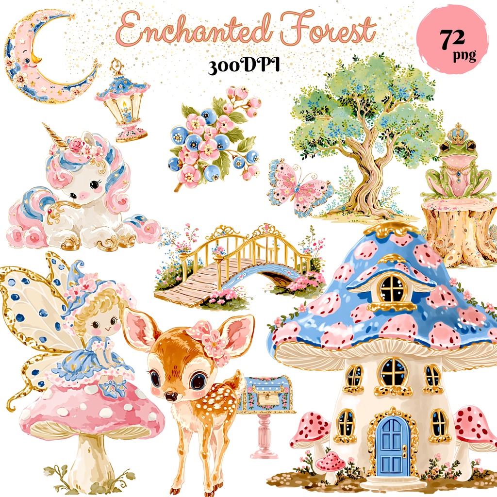魔法の森クリップアート素材集｜パステル動物＆妖精PNGセット