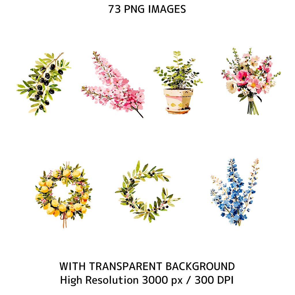 イタリアンサマー素材セット|Dolce Vita レモン水彩クリップアート73点