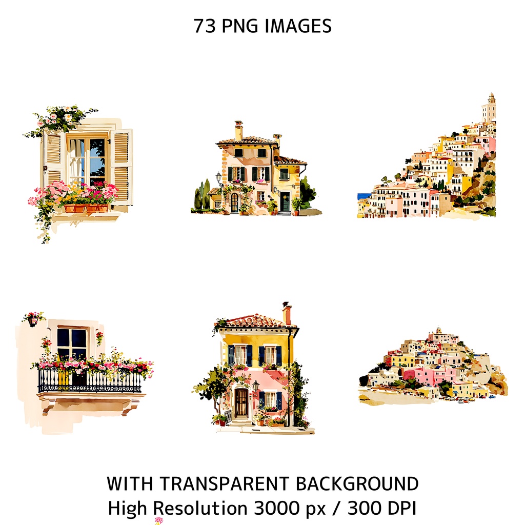 イタリアンサマー素材セット|Dolce Vita レモン水彩クリップアート73点
