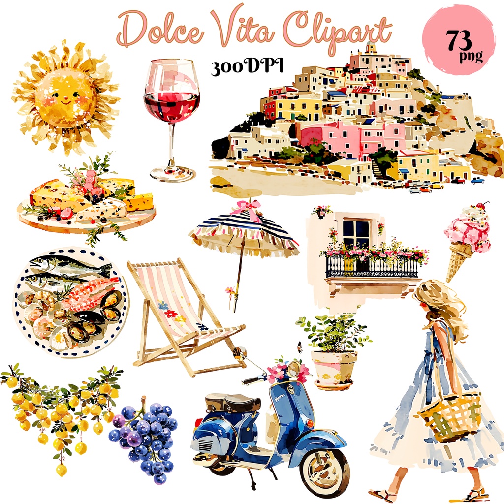 イタリアンサマー素材セット｜Dolce Vita レモン水彩クリップアート73点