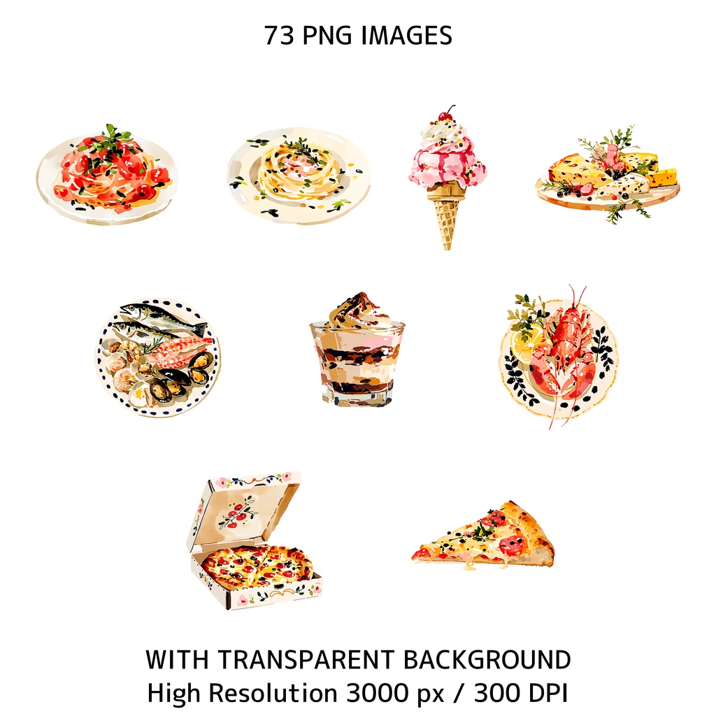 イタリアンサマー素材セット|Dolce Vita レモン水彩クリップアート73点