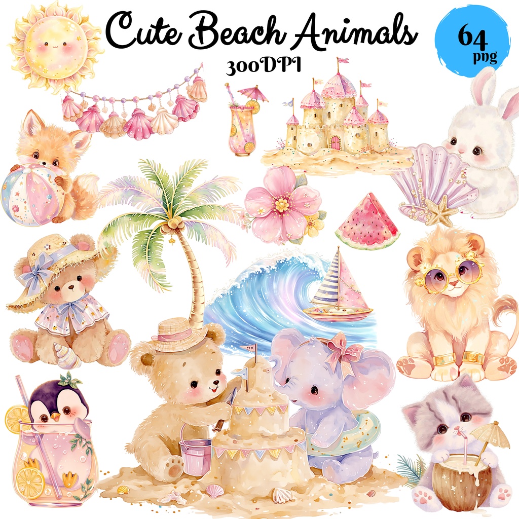 夏のビーチクリップアートセット（64点・透過PNG）