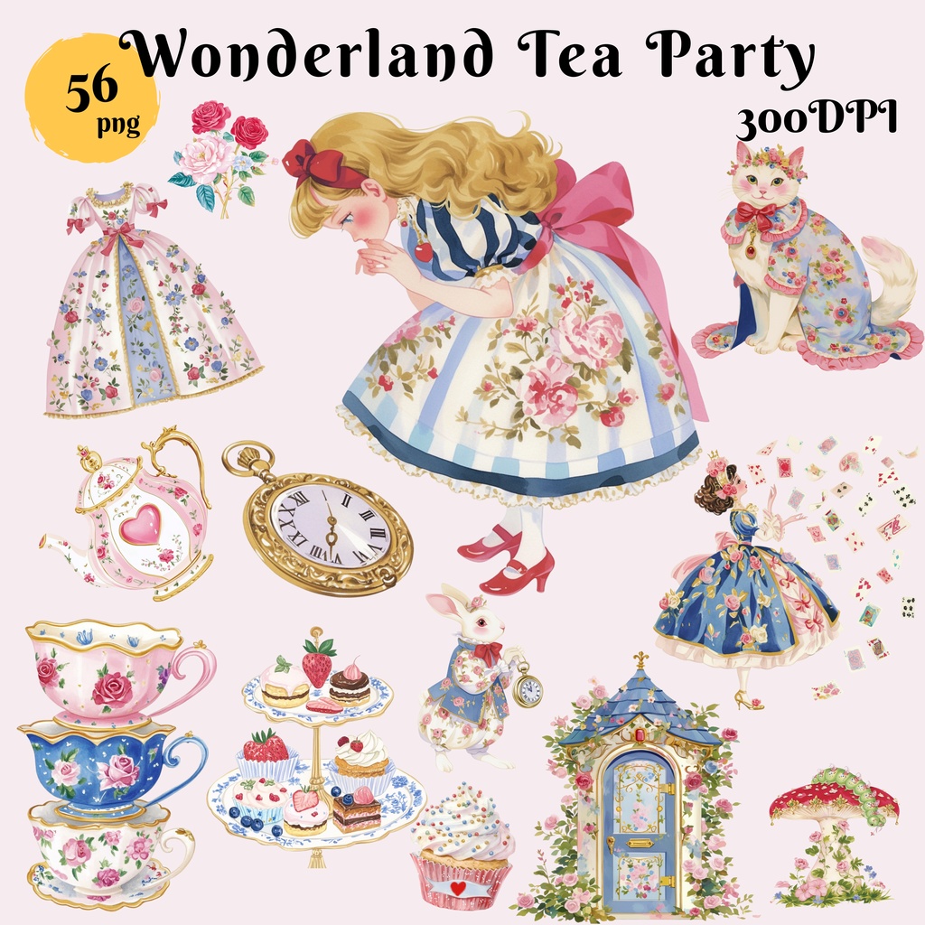 アリス風ティーパーティー素材集｜ヴィンテージクリップアート56点 PNG
