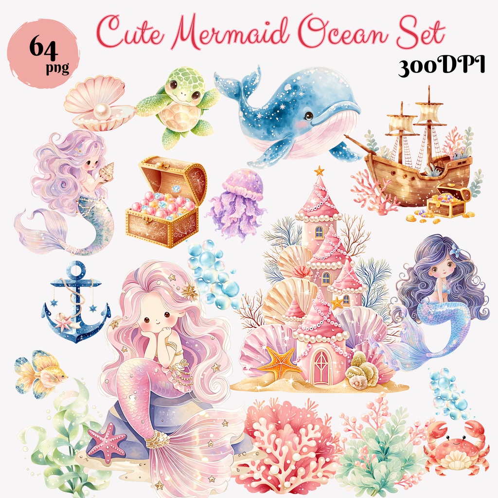 人魚クリップアート64点｜マーメイド・海のイラスト素材｜PNG背景透過｜商用利用OK