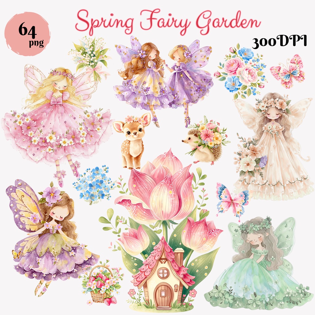 春の妖精クリップアート64点｜フェアリーガーデン・花・動物PNG素材｜背景透過｜商用利用O