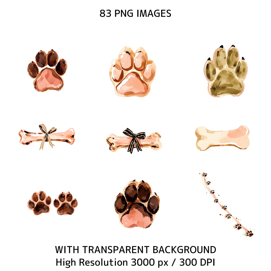 水彩犬クリップアートセット(83点PNG)犬イラスト素材 / 商用利用OK