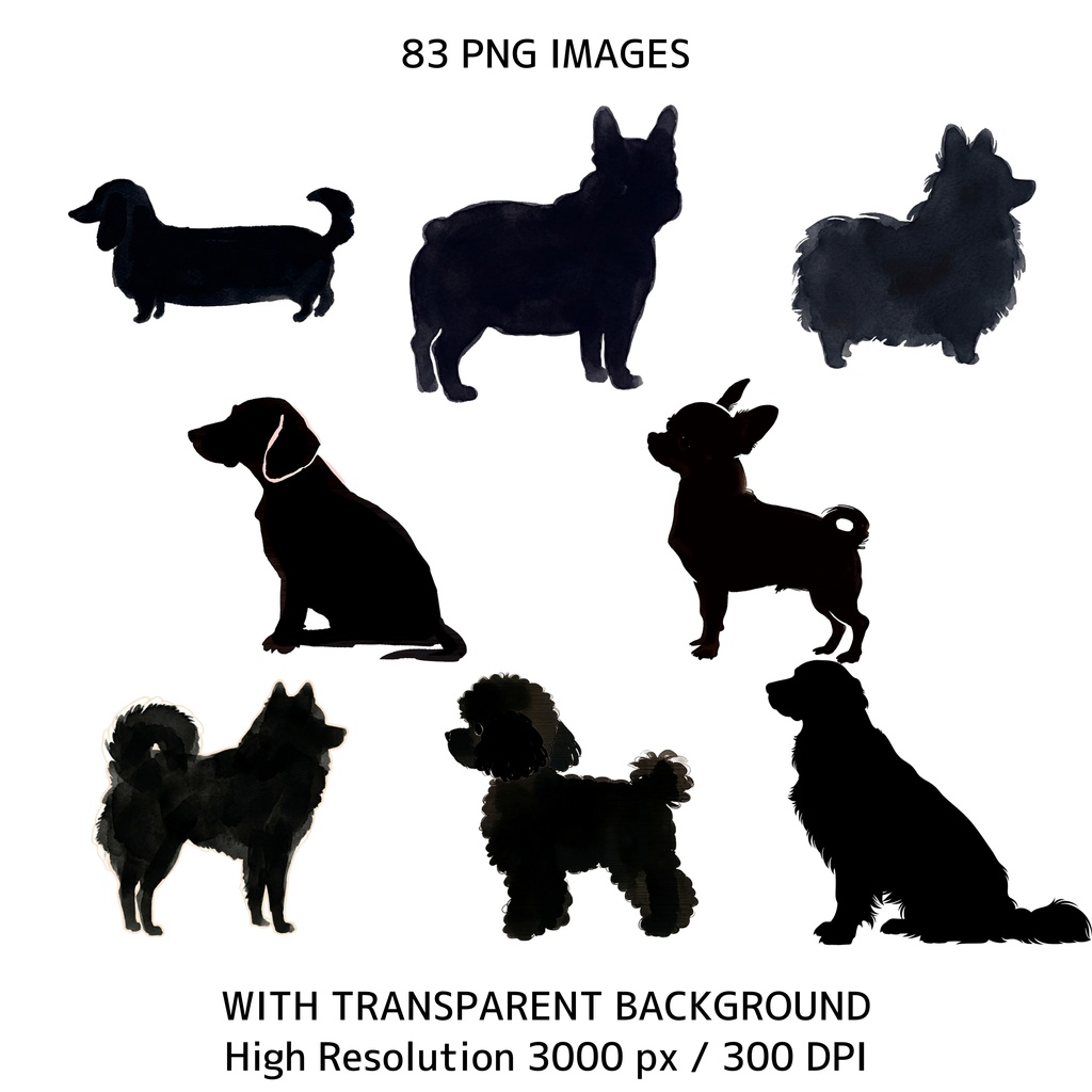 水彩犬クリップアートセット(83点PNG)犬イラスト素材 / 商用利用OK