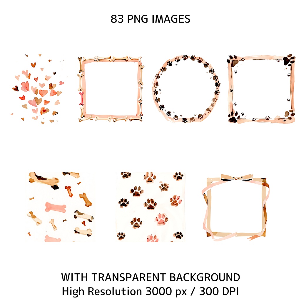 水彩犬クリップアートセット(83点PNG)犬イラスト素材 / 商用利用OK