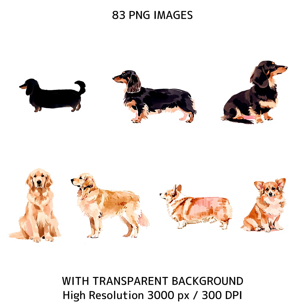 水彩犬クリップアートセット(83点PNG)犬イラスト素材 / 商用利用OK