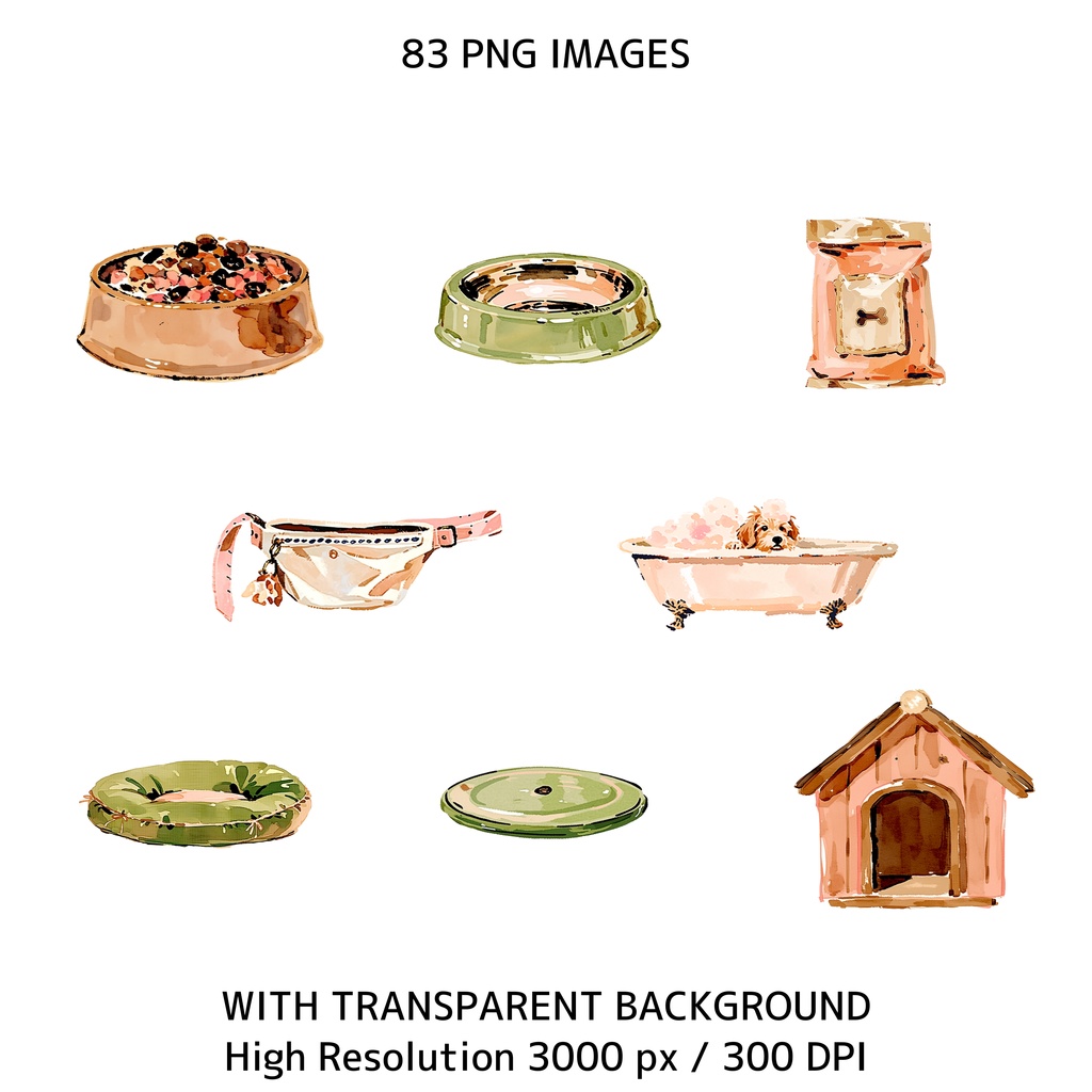 水彩犬クリップアートセット(83点PNG)犬イラスト素材 / 商用利用OK