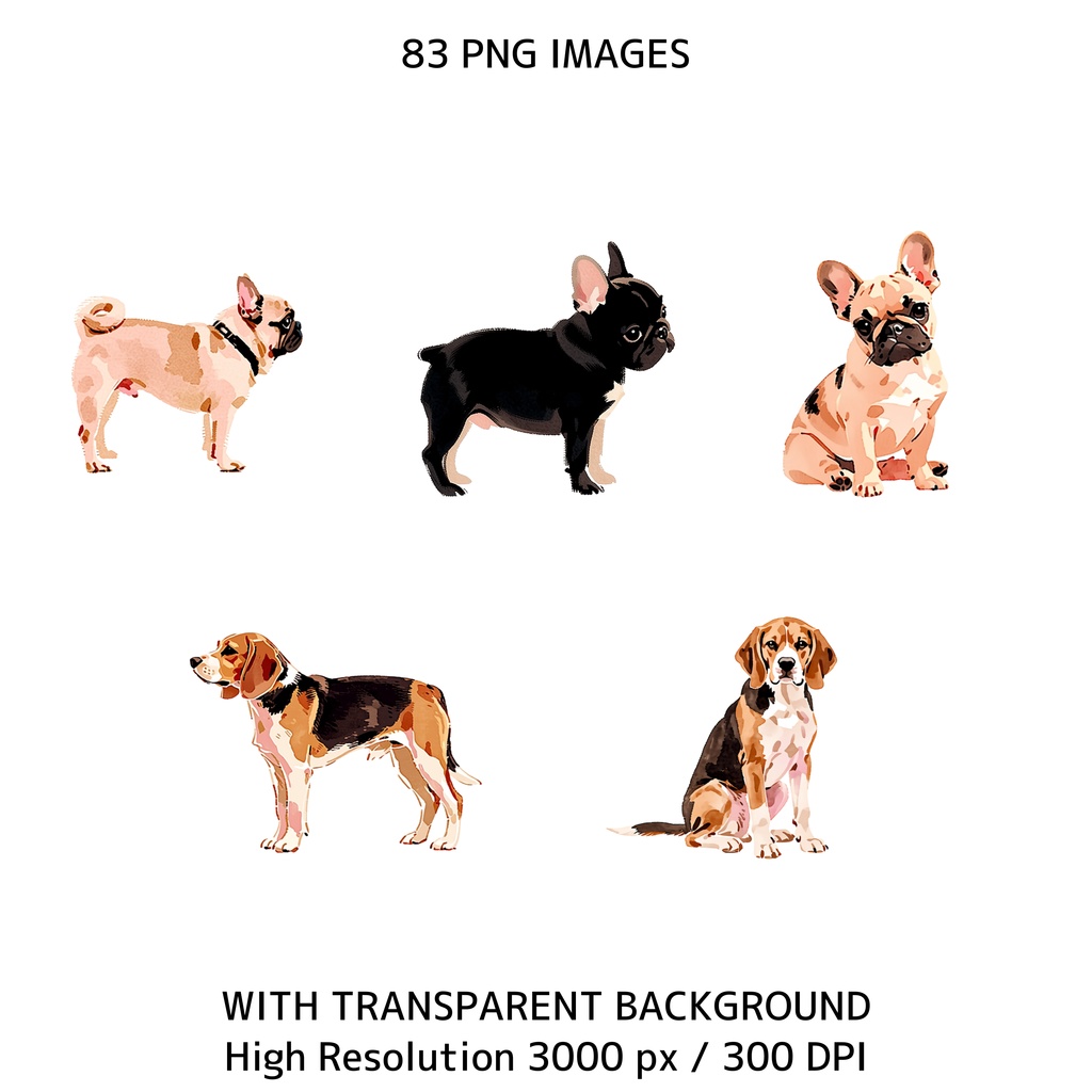 水彩犬クリップアートセット(83点PNG)犬イラスト素材 / 商用利用OK