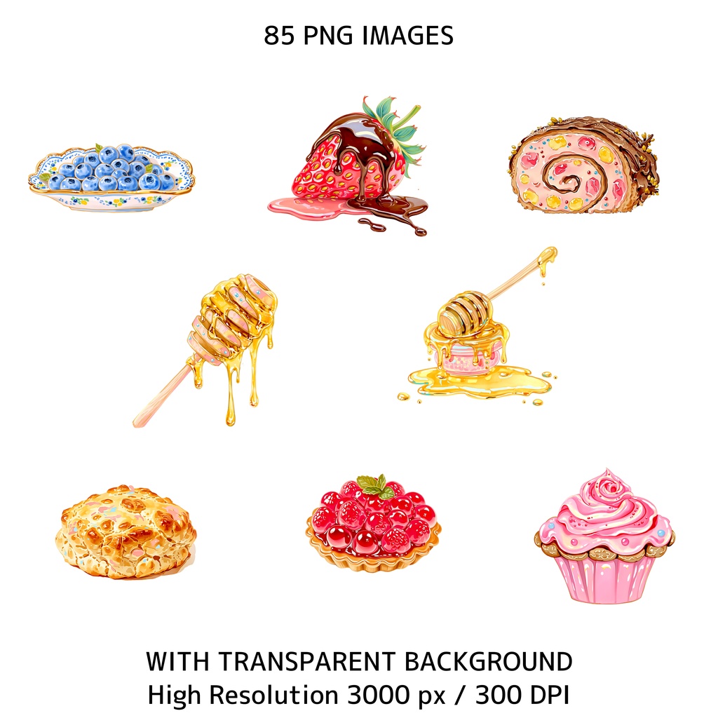 水彩風・妖精のお茶会クリップアートセット(背景透過PNG・商用利用可)85点