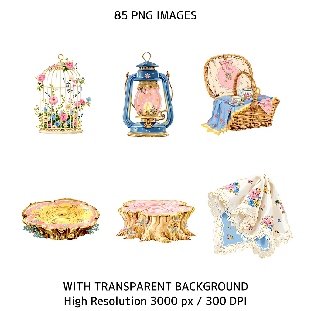 水彩風・妖精のお茶会クリップアートセット(背景透過PNG・商用利用可)85点