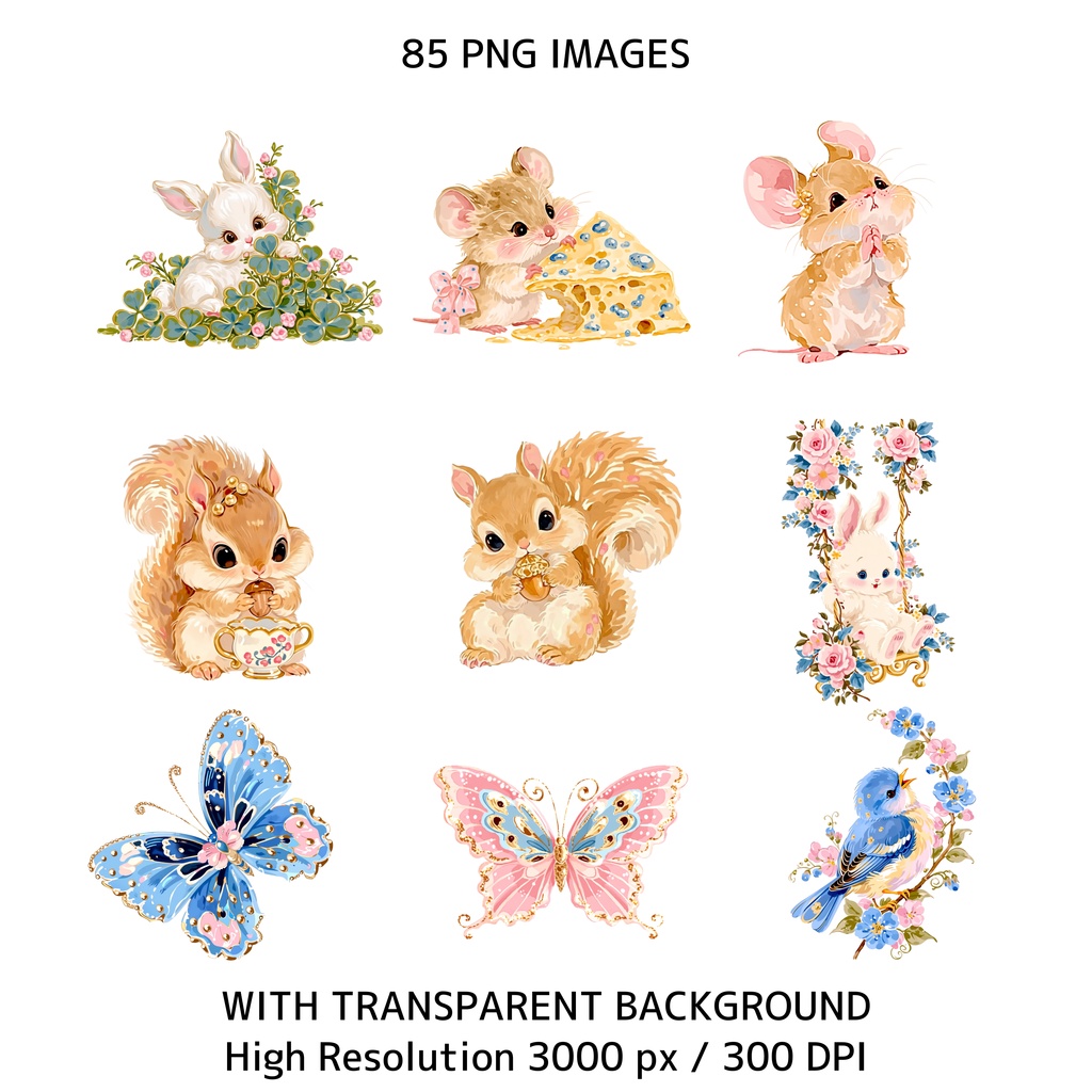 水彩風・妖精のお茶会クリップアートセット(背景透過PNG・商用利用可)85点