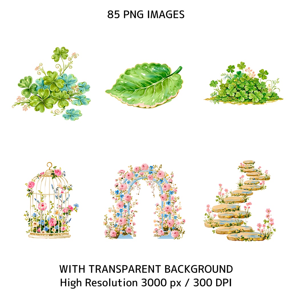 水彩風・妖精のお茶会クリップアートセット(背景透過PNG・商用利用可)85点