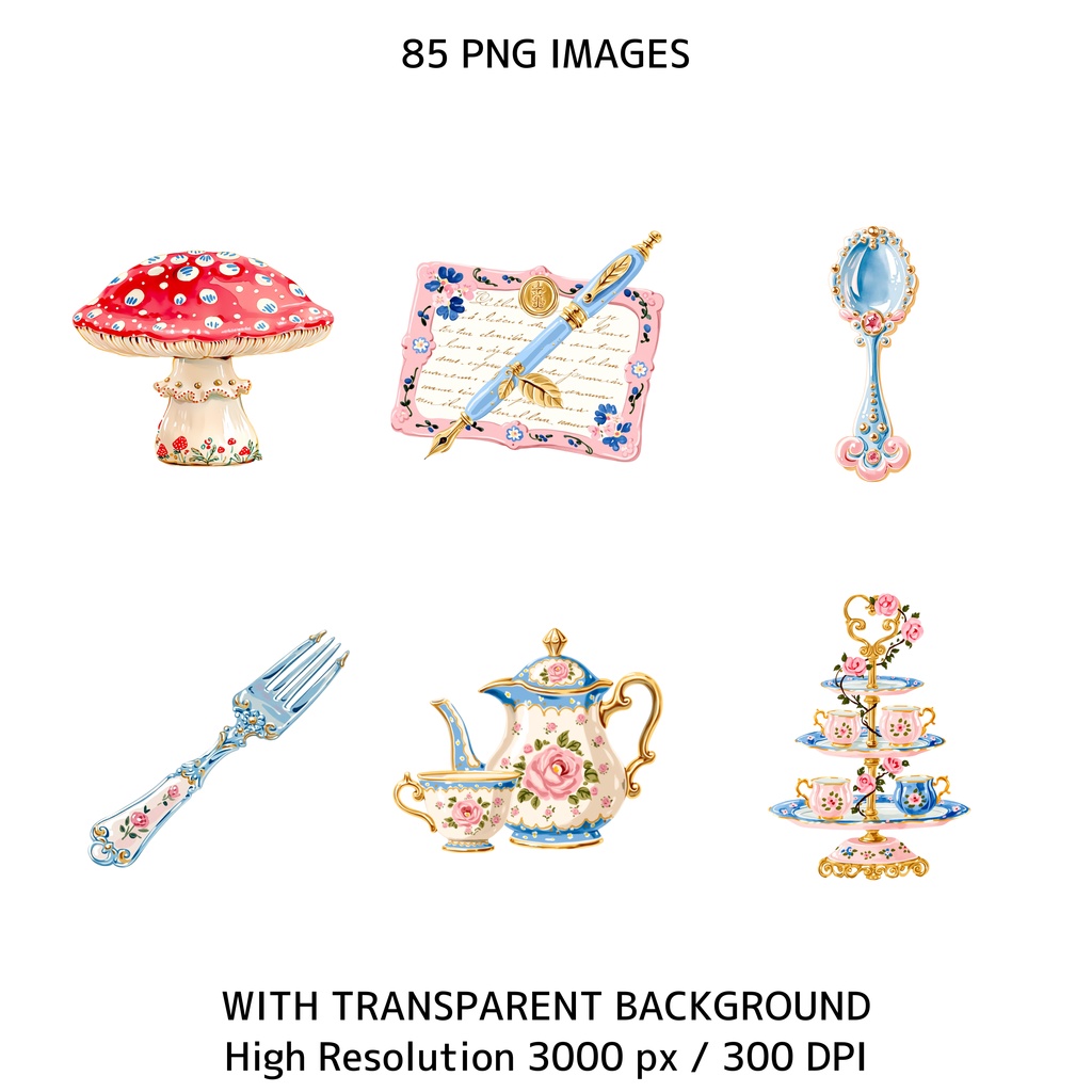 水彩風・妖精のお茶会クリップアートセット(背景透過PNG・商用利用可)85点