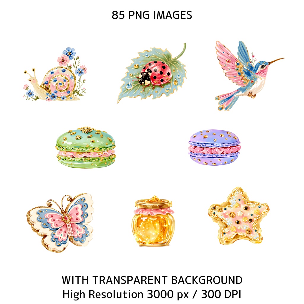 水彩風・妖精のお茶会クリップアートセット(背景透過PNG・商用利用可)85点