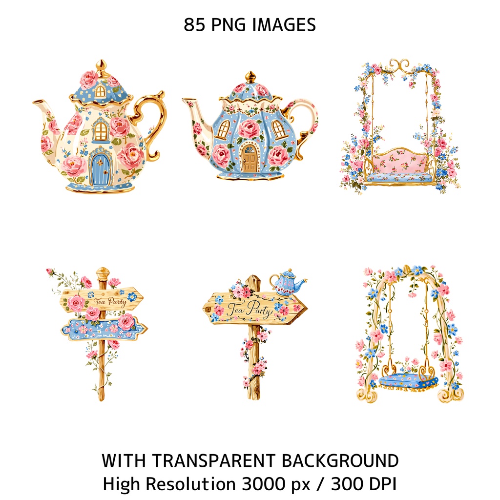 水彩風・妖精のお茶会クリップアートセット(背景透過PNG・商用利用可)85点