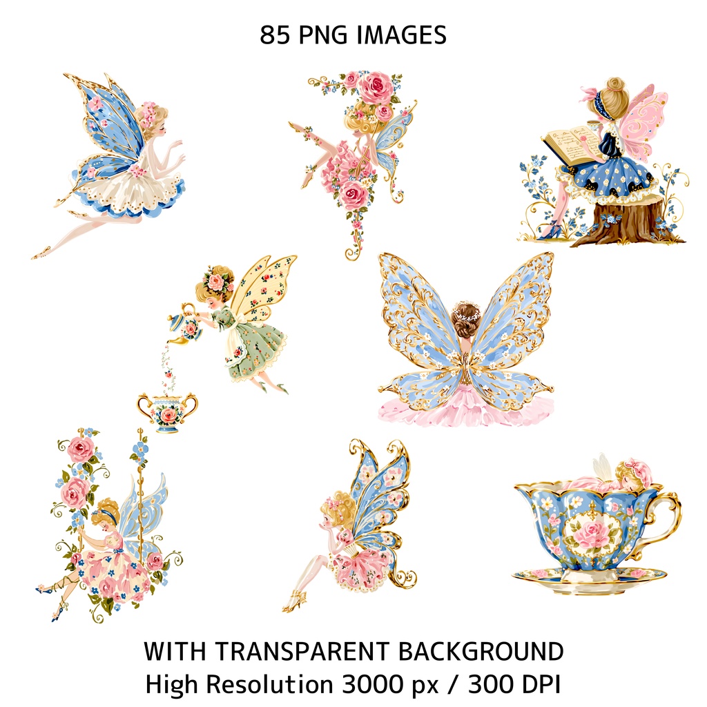 水彩風・妖精のお茶会クリップアートセット(背景透過PNG・商用利用可)85点