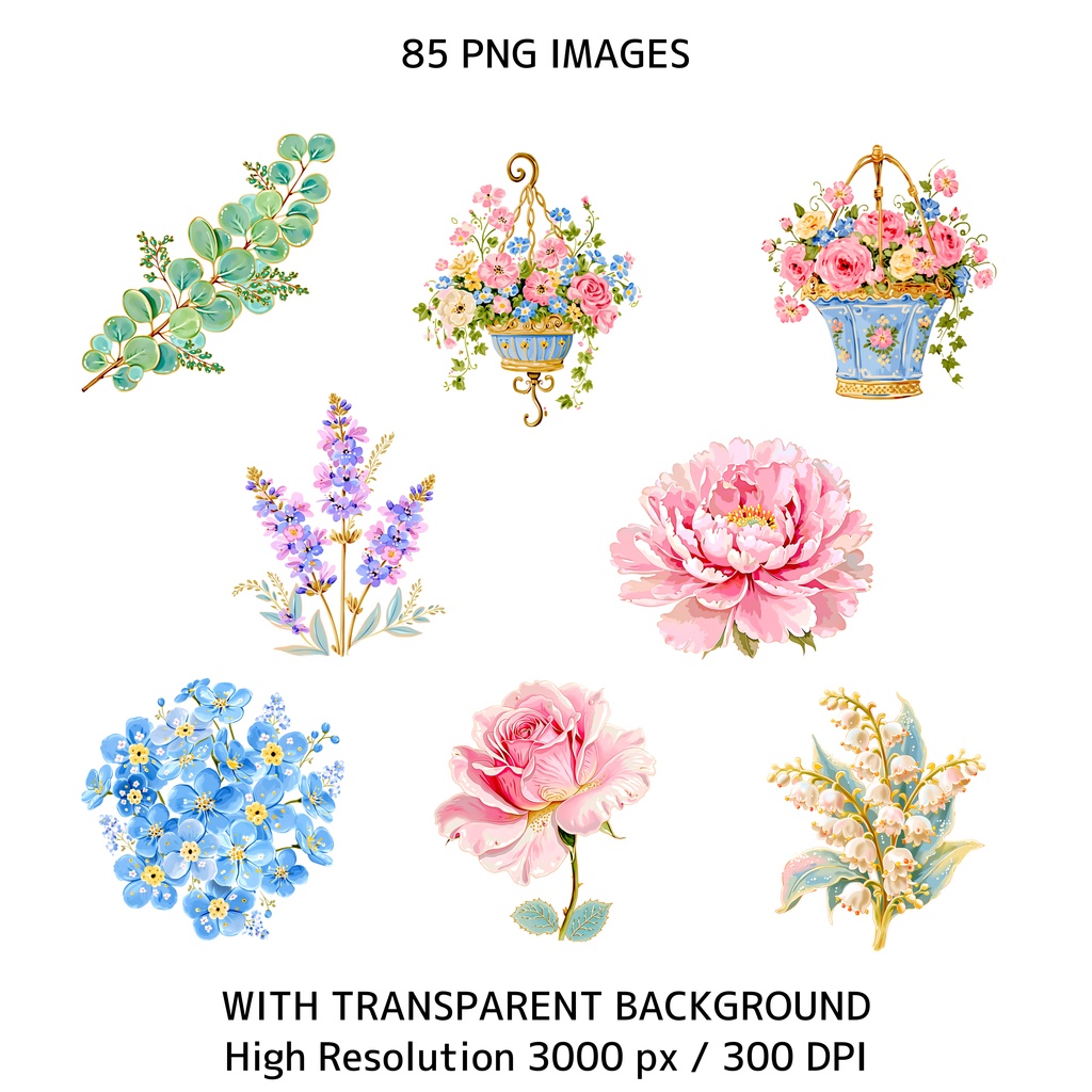 水彩風・妖精のお茶会クリップアートセット(背景透過PNG・商用利用可)85点