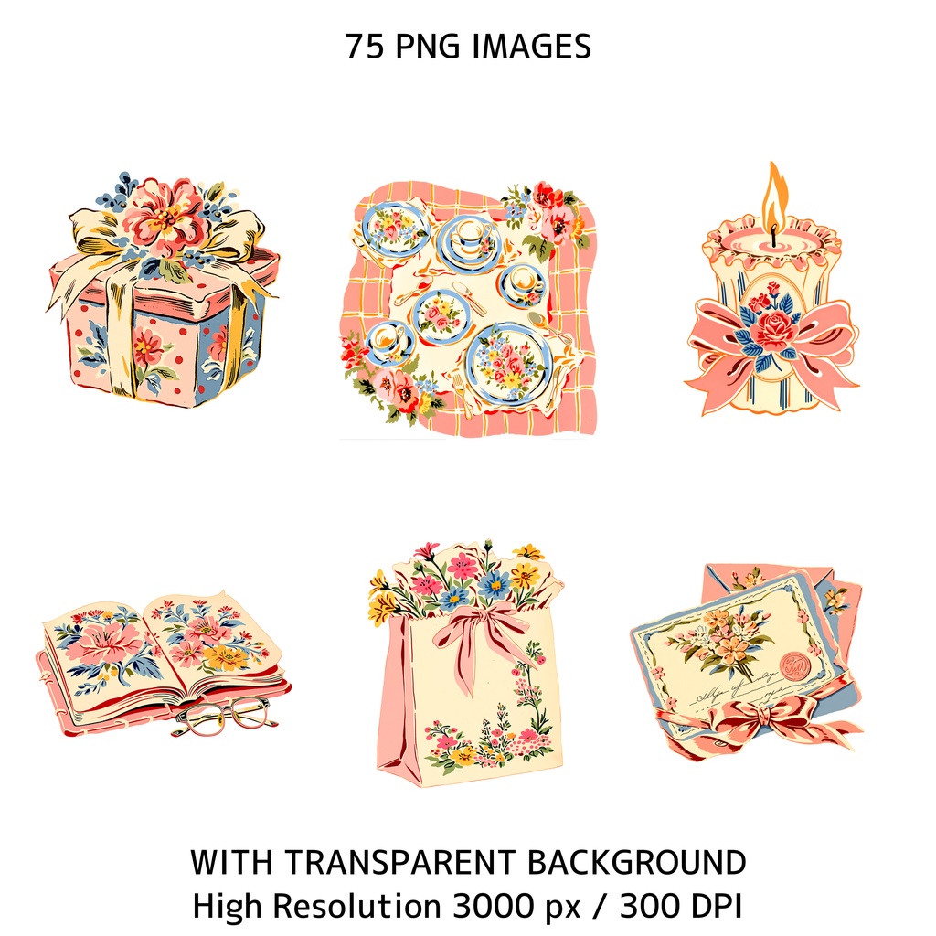 ママ&ベビーアニマル クリップアート 75点セット|ヴィンテージ レトロ 透過PNG