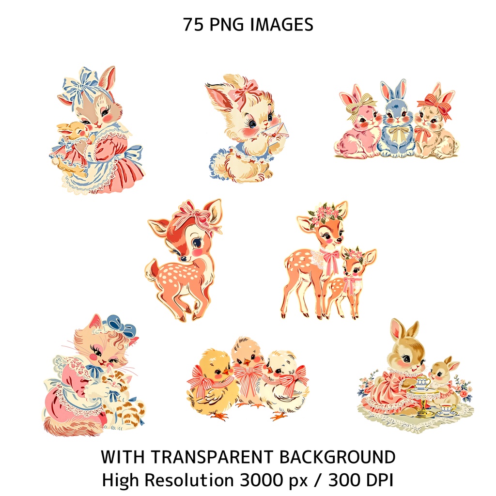 ママ&ベビーアニマル クリップアート 75点セット|ヴィンテージ レトロ 透過PNG