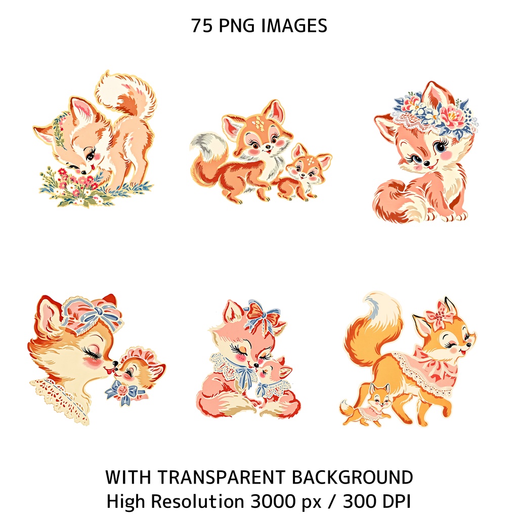 ママ&ベビーアニマル クリップアート 75点セット|ヴィンテージ レトロ 透過PNG