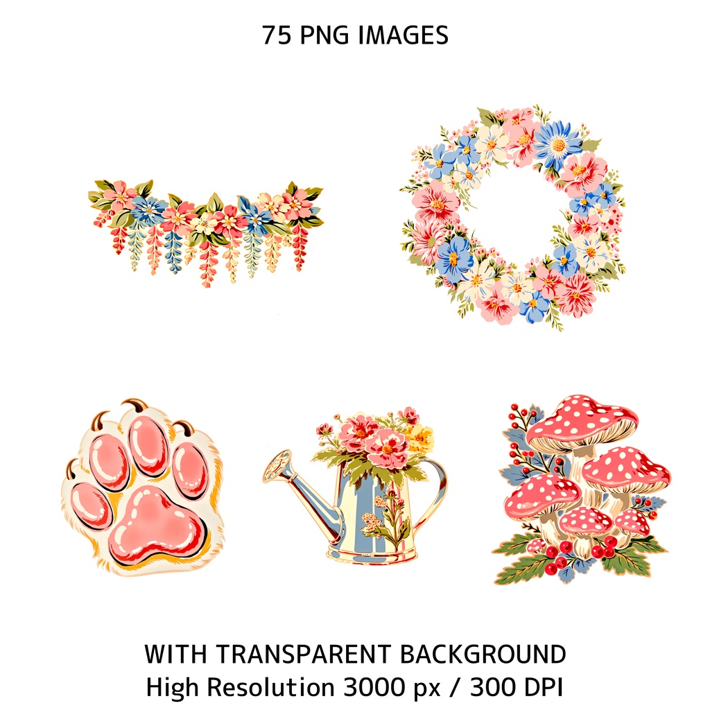 ママ&ベビーアニマル クリップアート 75点セット|ヴィンテージ レトロ 透過PNG