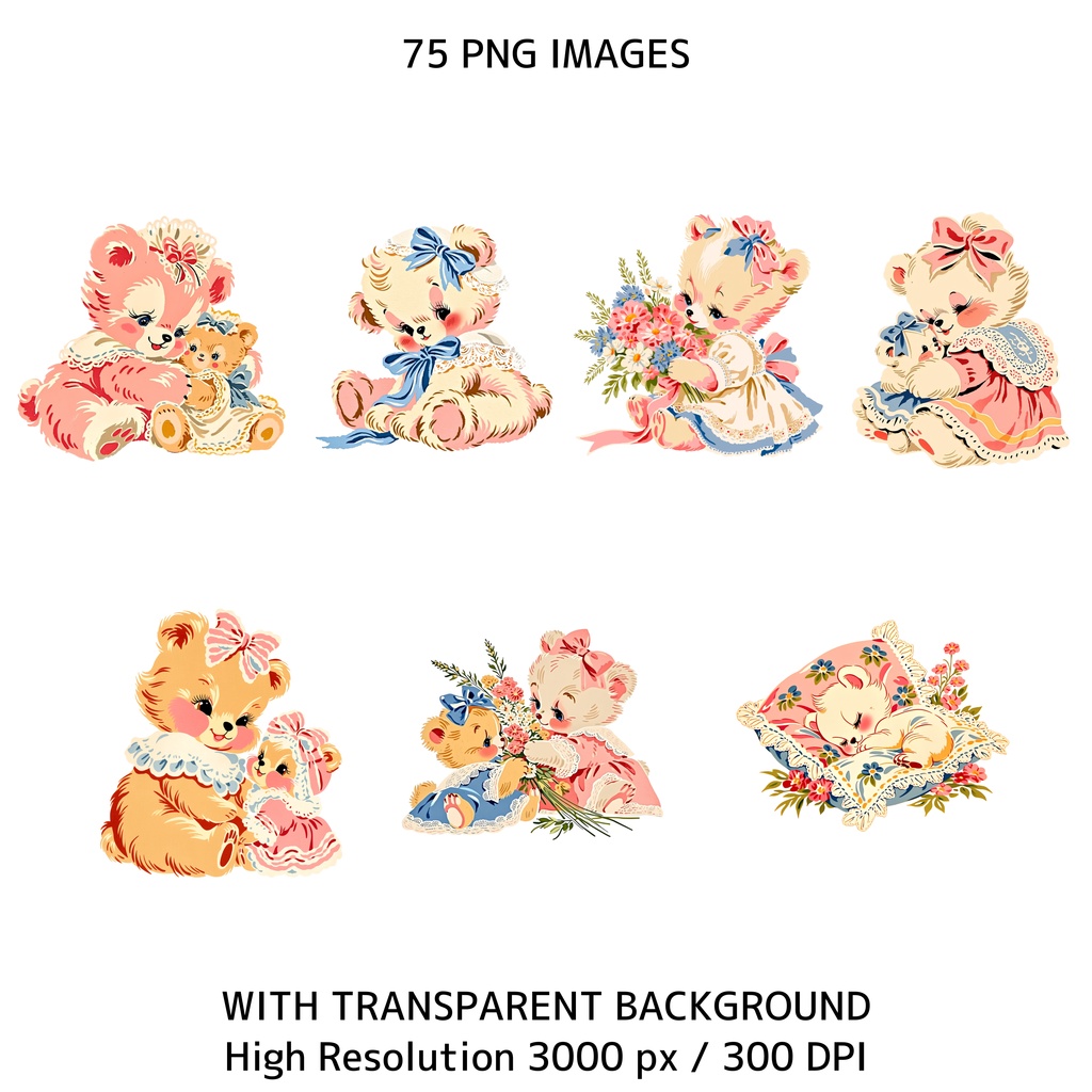 ママ&ベビーアニマル クリップアート 75点セット|ヴィンテージ レトロ 透過PNG