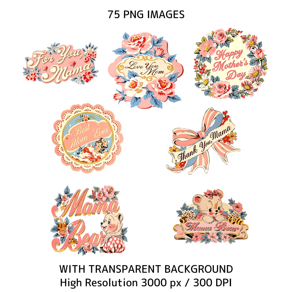 ママ&ベビーアニマル クリップアート 75点セット|ヴィンテージ レトロ 透過PNG