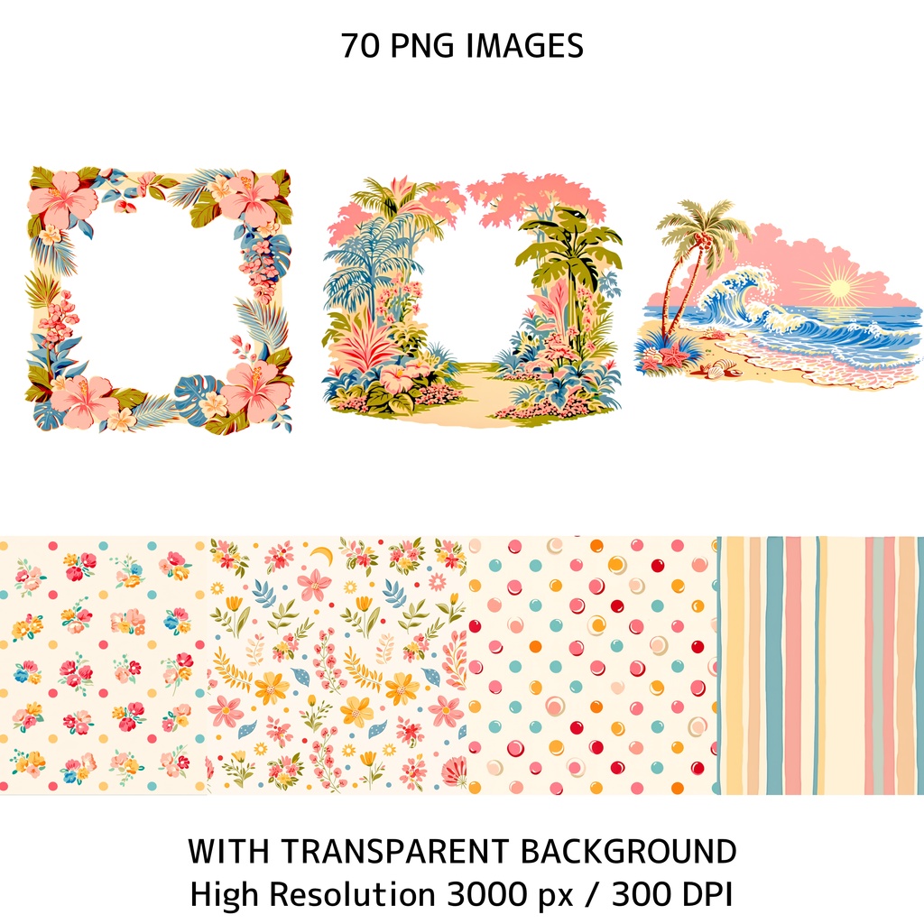 トロピカルサマーアニメクリップアート 70枚セット|商用利用OK|透過PNG|300DPI
