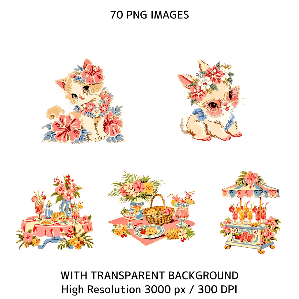 トロピカルサマーアニメクリップアート 70枚セット|商用利用OK|透過PNG|300DPI