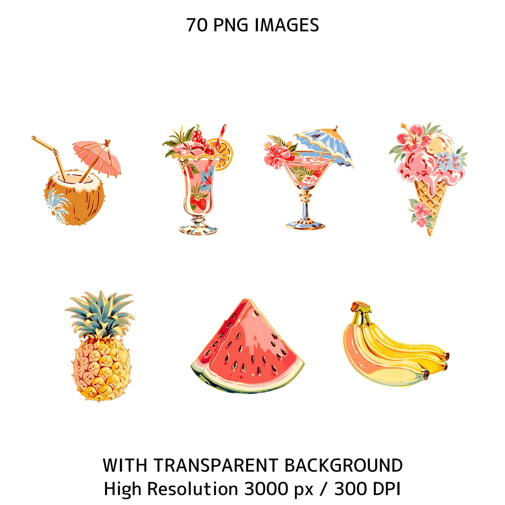 トロピカルサマーアニメクリップアート 70枚セット|商用利用OK|透過PNG|300DPI