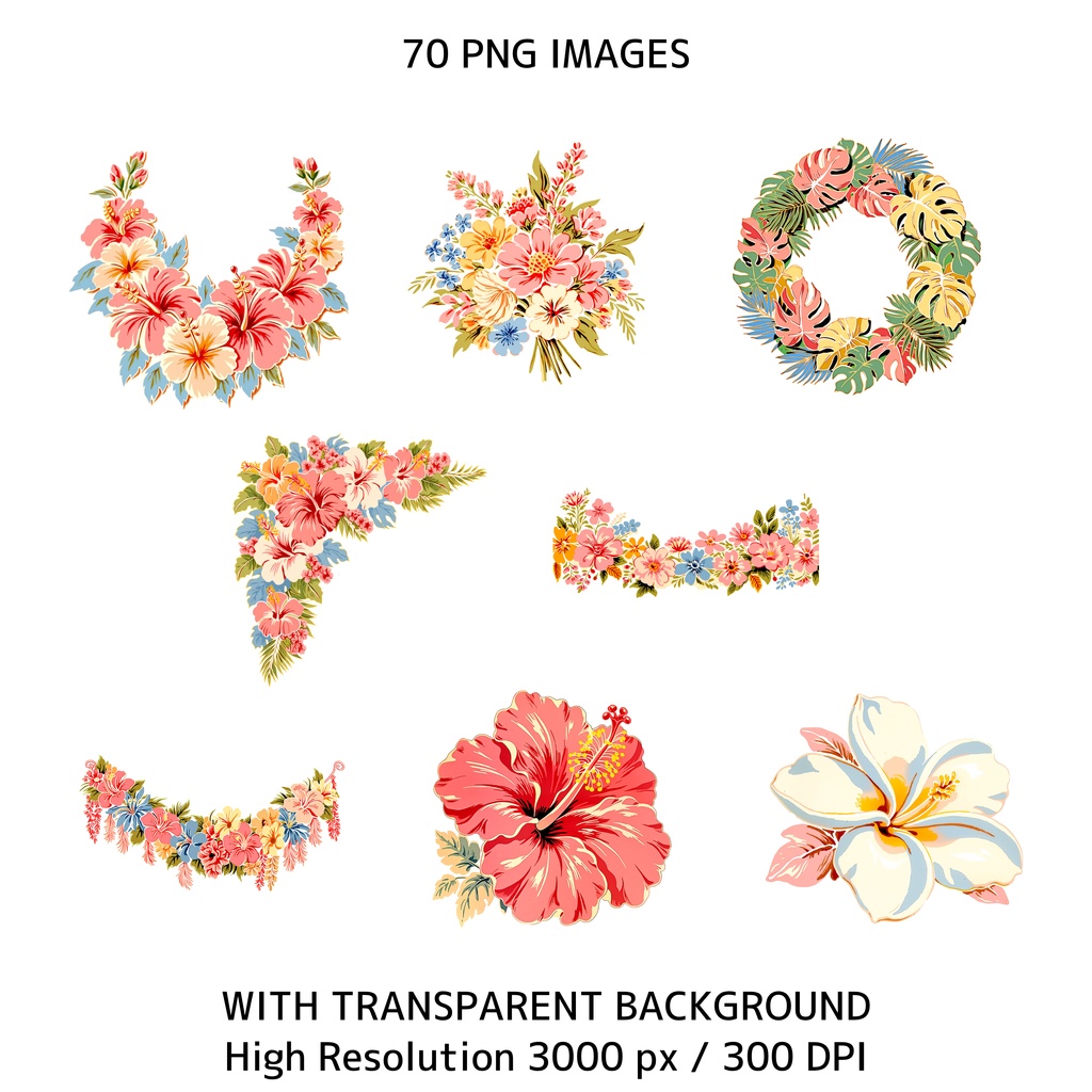 トロピカルサマーアニメクリップアート 70枚セット|商用利用OK|透過PNG|300DPI