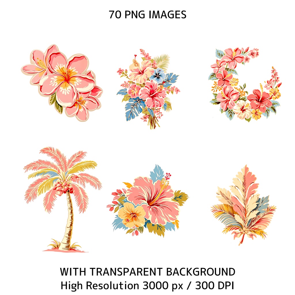 トロピカルサマーアニメクリップアート 70枚セット|商用利用OK|透過PNG|300DPI