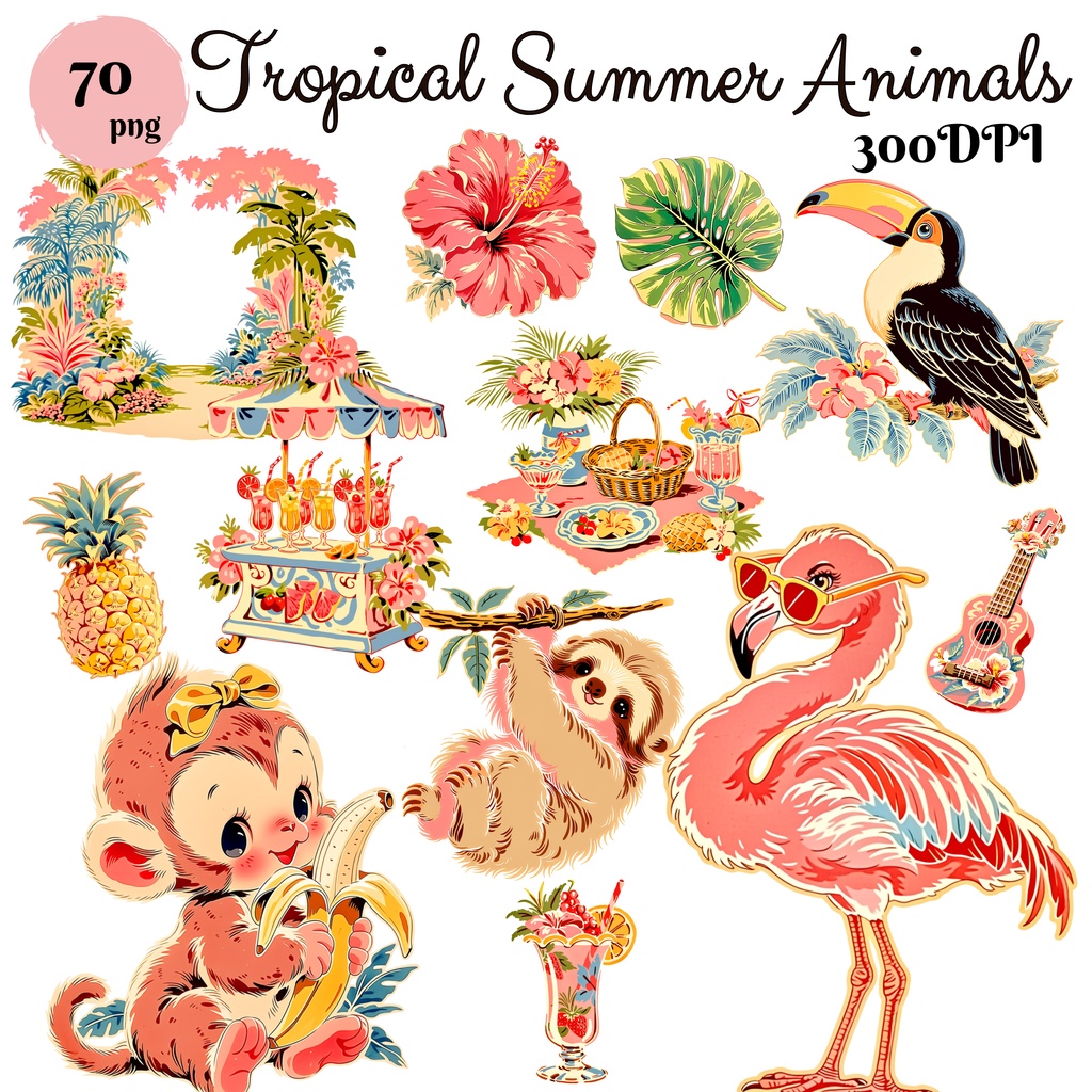 トロピカルサマーアニメクリップアート 70枚セット|商用利用OK|透過PNG|300DPI