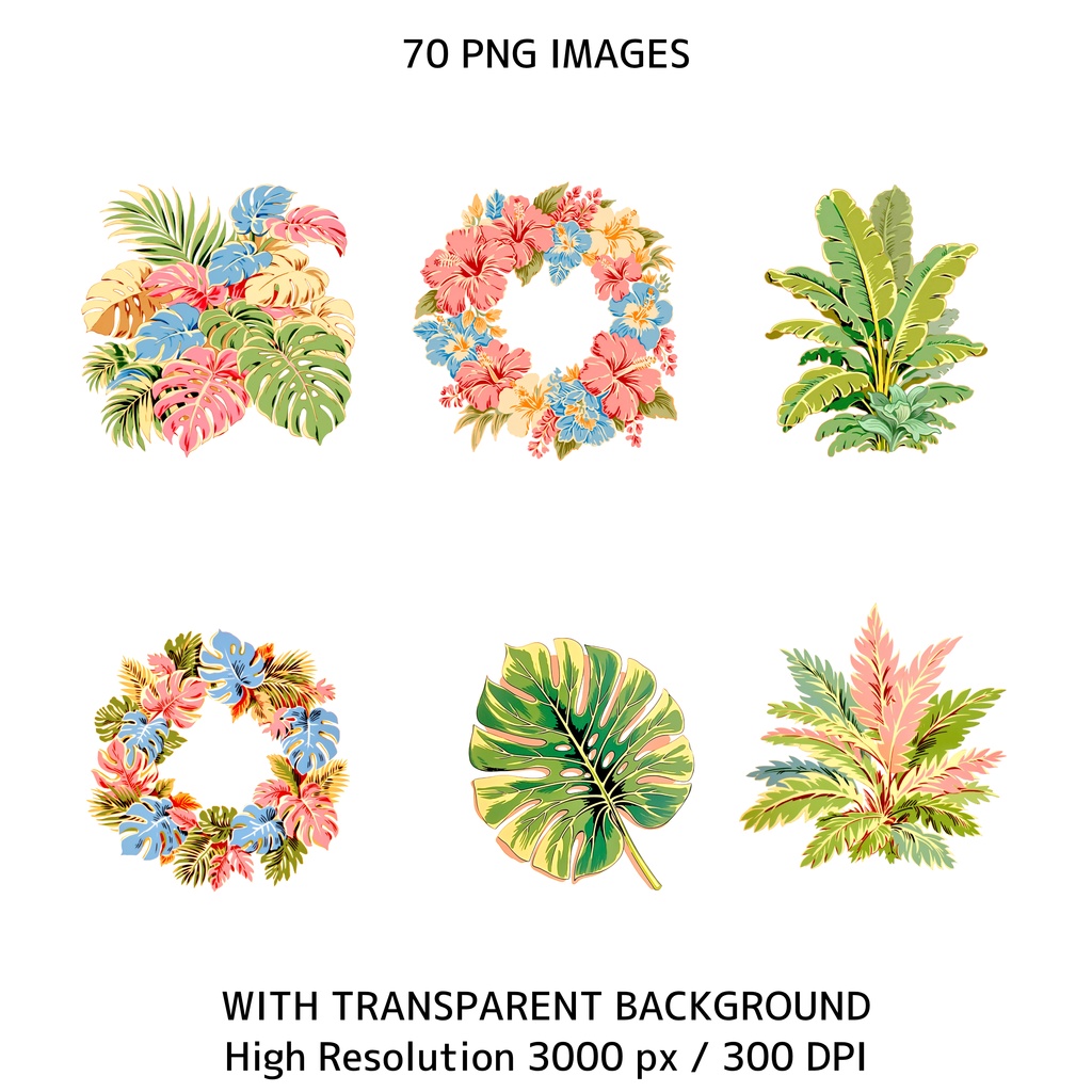 トロピカルサマーアニメクリップアート 70枚セット|商用利用OK|透過PNG|300DPI