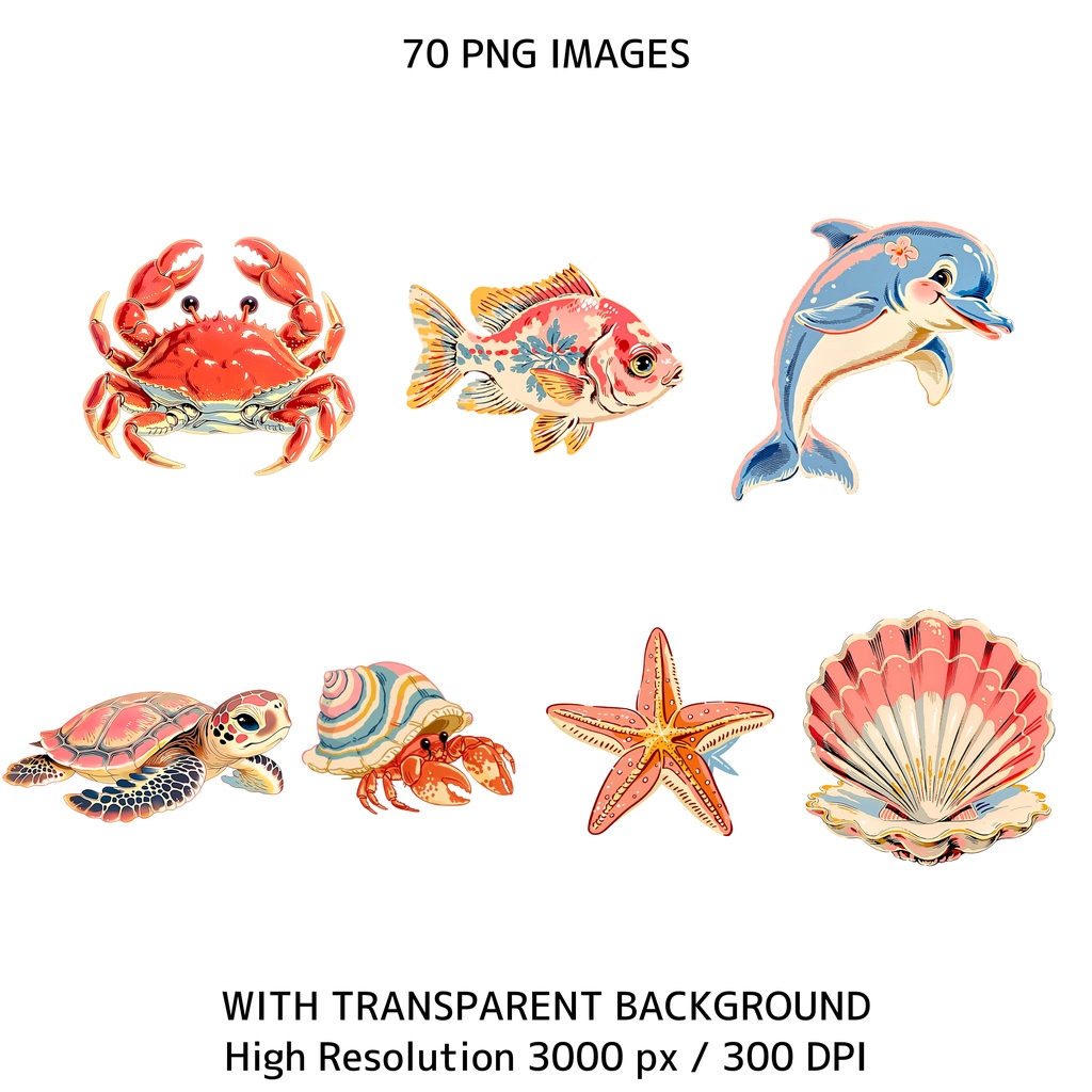 トロピカルサマーアニメクリップアート 70枚セット|商用利用OK|透過PNG|300DPI