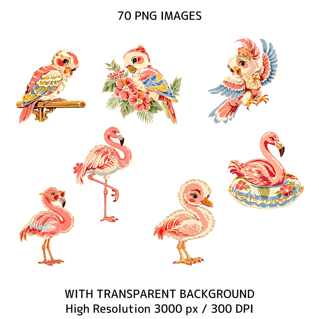 トロピカルサマーアニメクリップアート 70枚セット|商用利用OK|透過PNG|300DPI