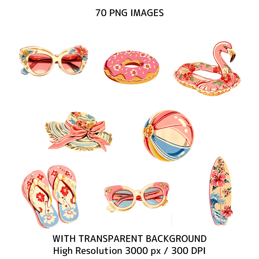 トロピカルサマーアニメクリップアート 70枚セット|商用利用OK|透過PNG|300DPI
