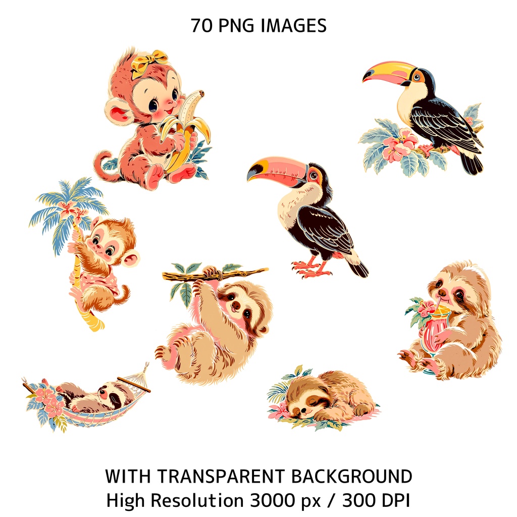 トロピカルサマーアニメクリップアート 70枚セット|商用利用OK|透過PNG|300DPI