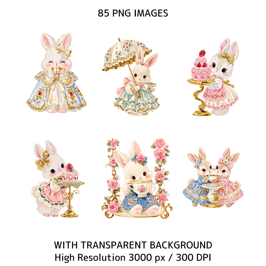 かわいいうさぎとティーパーティー クリップアート素材集 85点|透過PNG・300DPI|コテージコア・うさぎイラスト